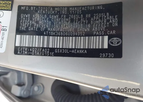 2006 Toyota Avalon Xl from USA, damaged, VIN 4T1BK36B06U094052